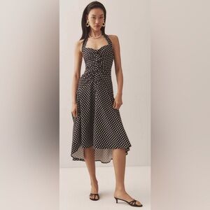 Maeve Halter Ruched Polka Dot Halter Midi Dress
